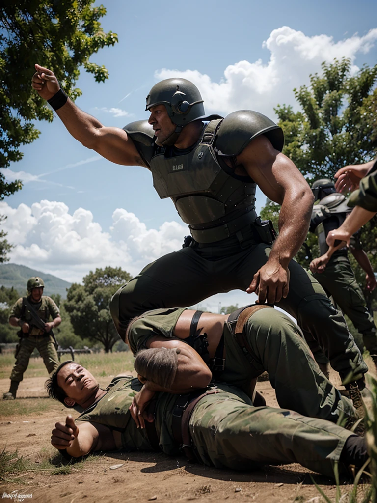soldiers fighting a giant four-armed man