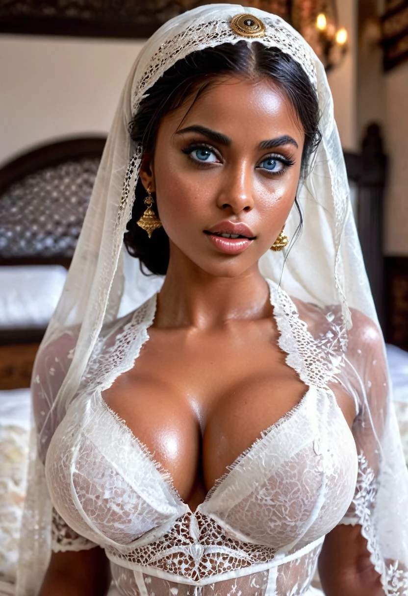 (muste piece, highest quality)((8k)),full body,super detailed,arab girl ,blue eyes ,photorealistic,dark bronze shiny skin,beautiful female mode,dark skin Black woman in white lace clothes from biblical times, blue eyes,((in 
 bali)),swety skin,wet tits,horny,in bed ,wet skin , (shiny skin), she is wet and intimate, she has a submissive expression, direct eye contact, hyperrealistic, unreal engine 5,Suggested pose, 8K