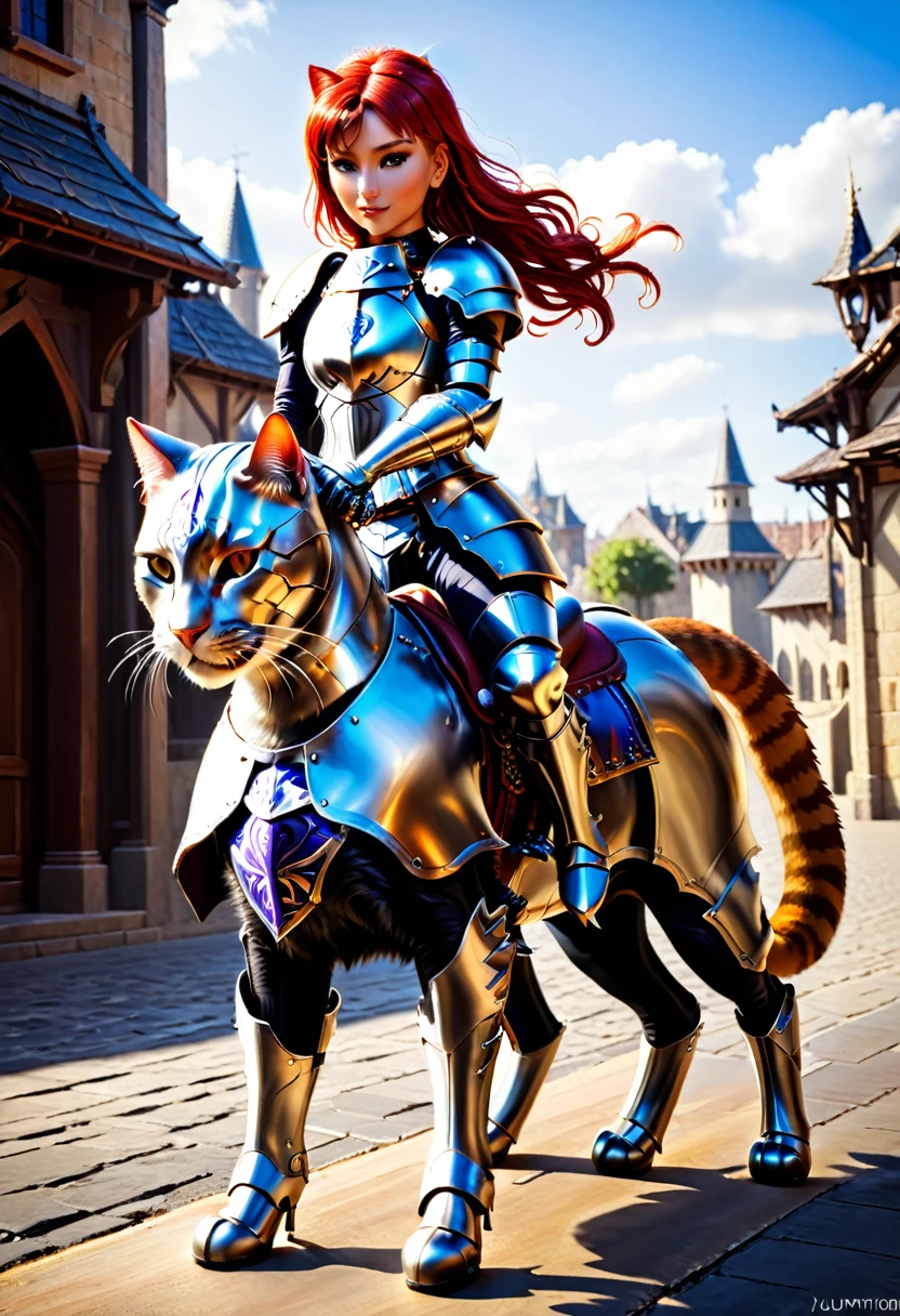 arafed a picture of a human knight riding an (Giant cat 1.3)) וin fantasy street, a a human knight, full body, ((anatomically correct: 1.5), female knight, red hair, long hair, hair in a pony tail, wearing knight's armor, decorated armor, high heeled boots, BREAK riding a (Giant Cat: 1.5)), the cat is wearing armor ready for battle, dynamic color cat Hyperrealism style, vibrant, Ultra-high resolution, High Contrast, (masterpiece:1.5), highest quality, Best aesthetics), best details, best quality, highres, ultra wide angle, 16k, [ultra detailed], masterpiece, best quality, (extremely detailed) RAW, ArmoredDress