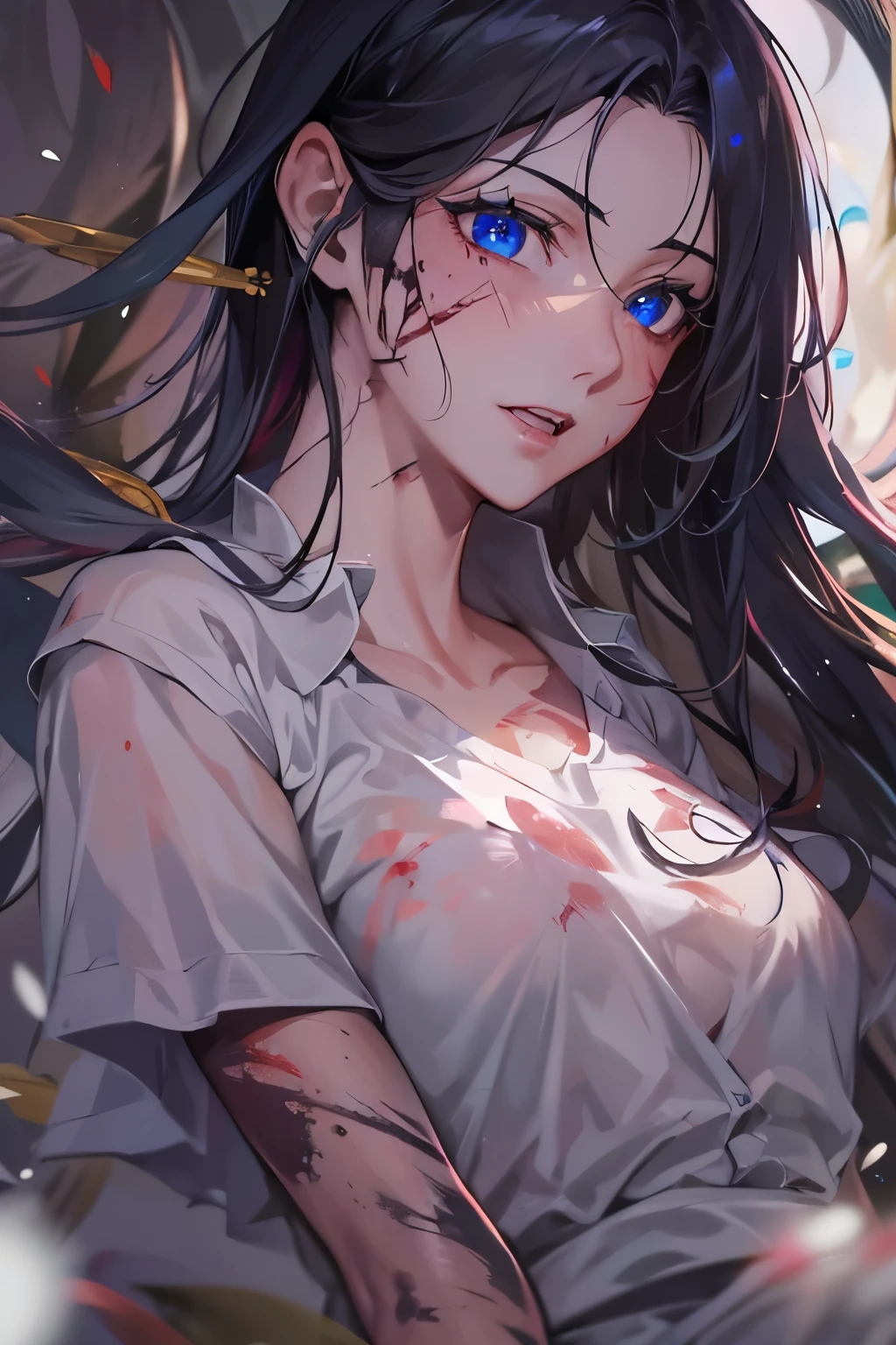(from thigh up: 1.2), (1 girl: 1.3), (detailed face: 1.1), (detailed blue eyes: 1.1), (detailed small nose: 1.1), (detailed thin lips: 1.1), (black hair: 1.1), scarred skin, bloodshed, reaching one hand, textured skin,
background, pale light, grains of light, ripples, compass, spinning time, countless blades,