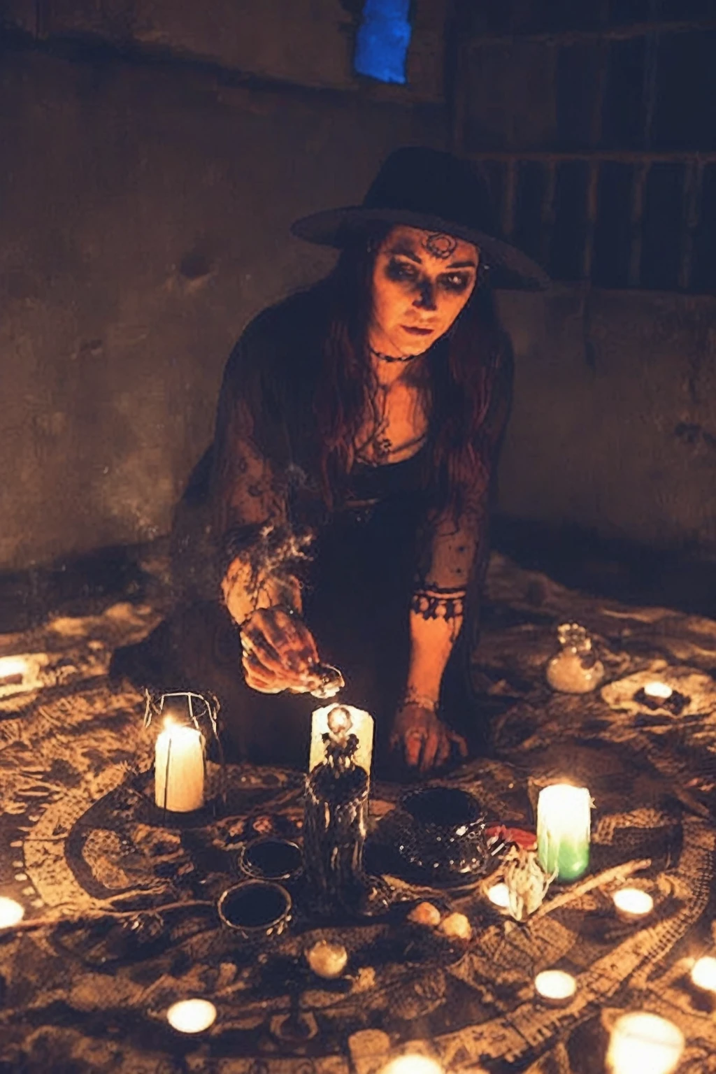 arafa woman in a witch costume lighting candles in a circle, casting a spell de proteção, Ritual Occult Meeting, do witchcraft, casting a spell de chama, demonic magic ritual, casting a fire spell, casting a spell poderoso, casting a spell, Spell, Wicca dinner at home, casting a spell mágico, witch paying for her sins, casting a spell on a potion