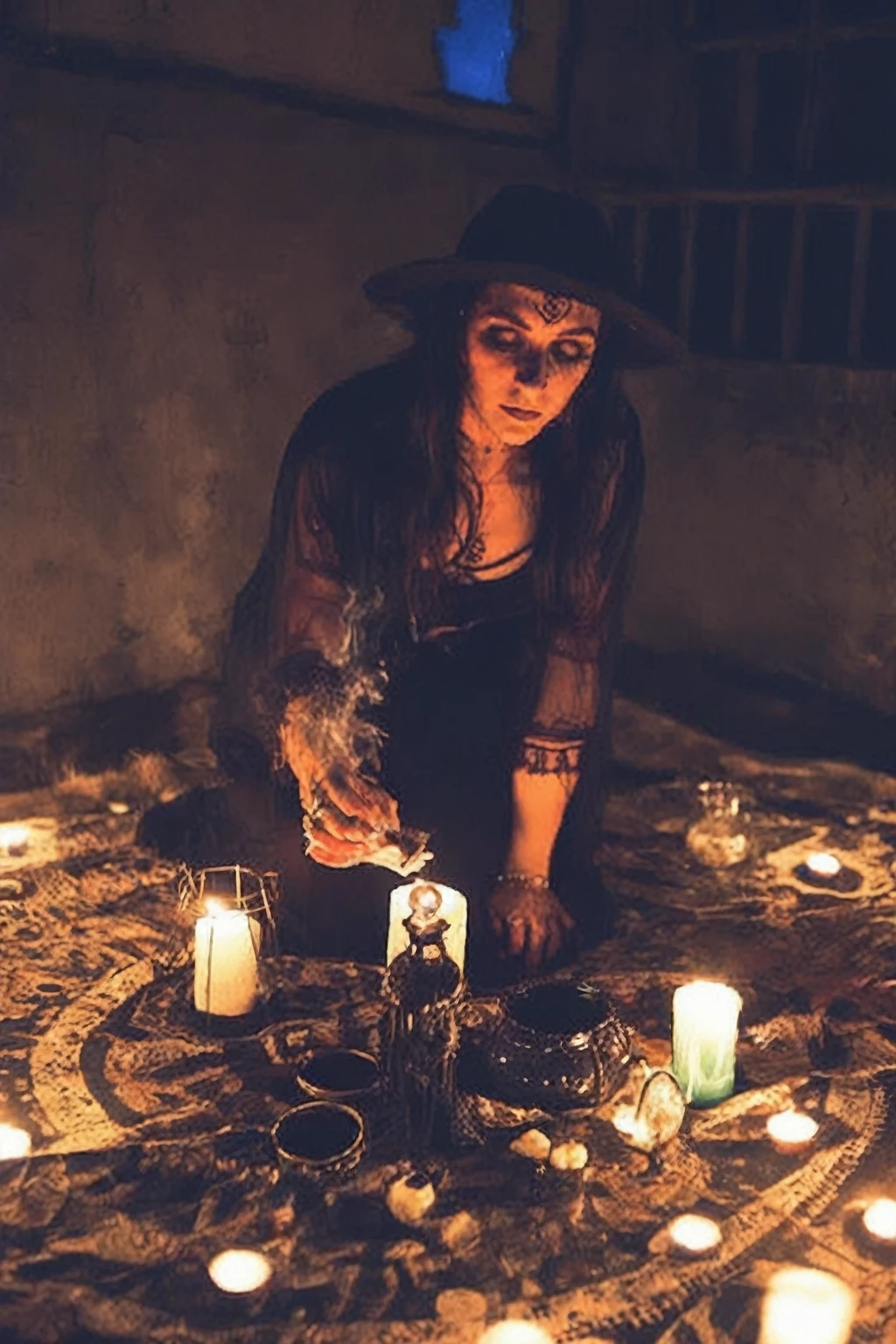 arafa woman in a witch costume lighting candles in a circle, casting a spell de proteção, Ritual Occult Meeting, do witchcraft, casting a spell de chama, demonic magic ritual, casting a fire spell, casting a spell poderoso, casting a spell, Spell, Wicca dinner at home, casting a spell mágico, witch paying for her sins, casting a spell on a potion