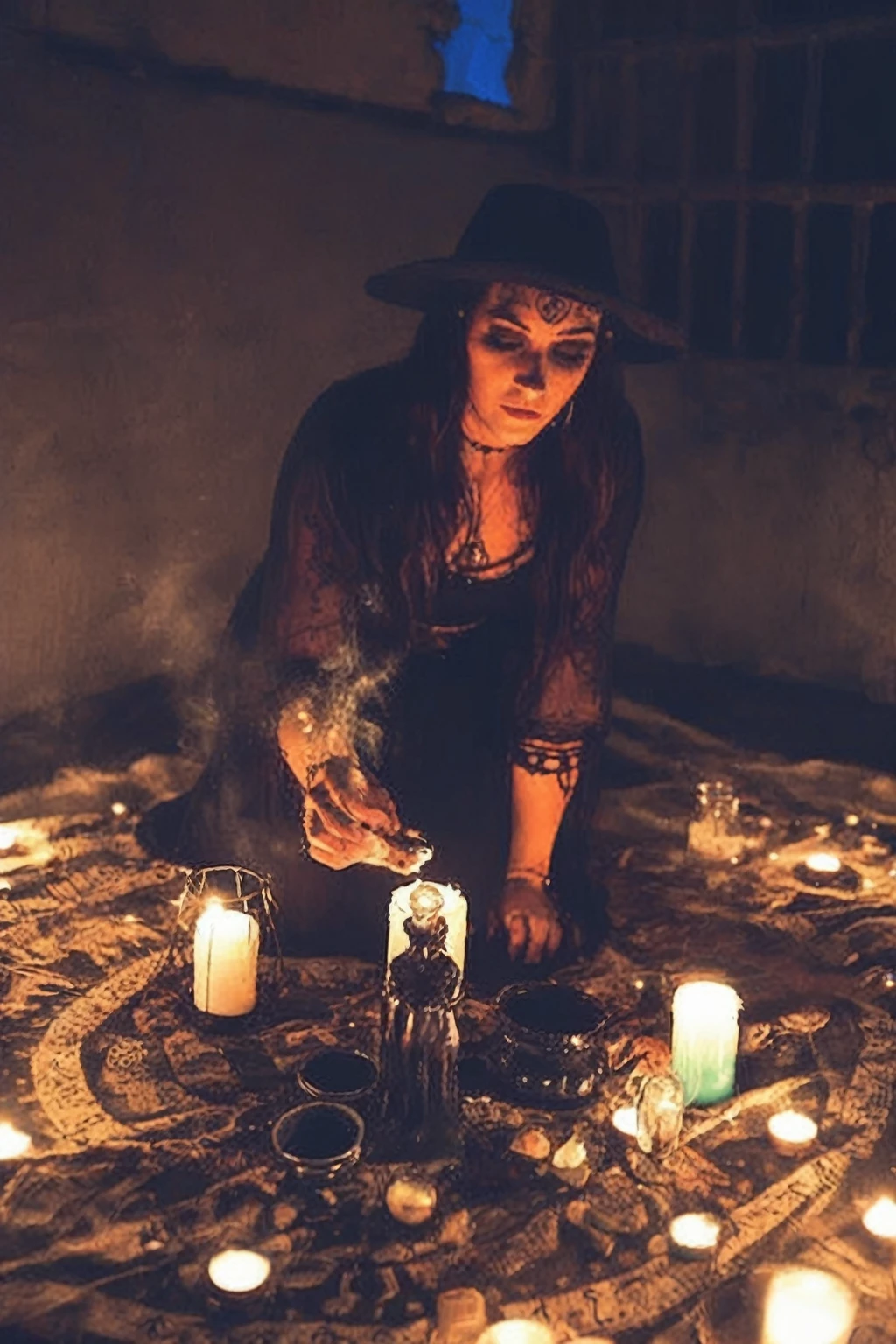 arafa woman in a witch costume lighting candles in a circle, casting a spell de proteção, Ritual Occult Meeting, do witchcraft, casting a spell de chama, demonic magic ritual, casting a fire spell, casting a spell poderoso, casting a spell, Spell, Wicca dinner at home, casting a spell mágico, witch paying for her sins, casting a spell on a potion