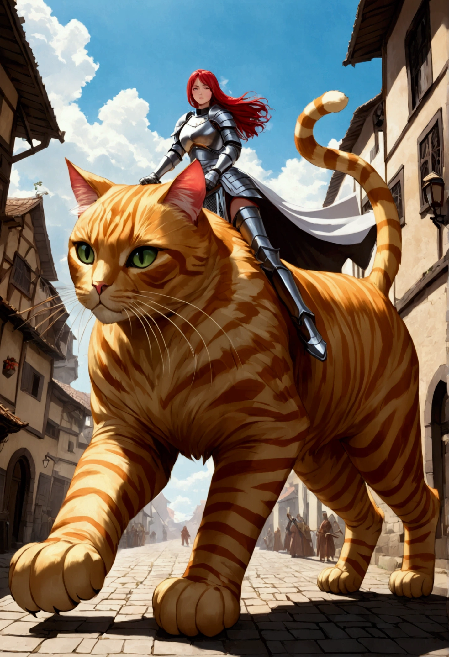 arafed a picture of a human knight riding an ((epic sized cat: 1.3)) וin fantasy street, a a human knight, full body, ((anatomically correct: 1.5), female knight, red hair, long hair, hair in a pony tail, wearing knight's armor, decorated armor, high heeled boots, BREAK riding a ((cat big as a horse: 1.5)), the cat is wearing armor ready for battle, dynamic color cat Hyperrealism style, vibrant, Ultra-high resolution, High Contrast, (masterpiece:1.5), highest quality, Best aesthetics), best details, best quality, highres, ultra wide angle, 16k, [ultra detailed], masterpiece, best quality, (extremely detailed) RAW, ArmoredDress