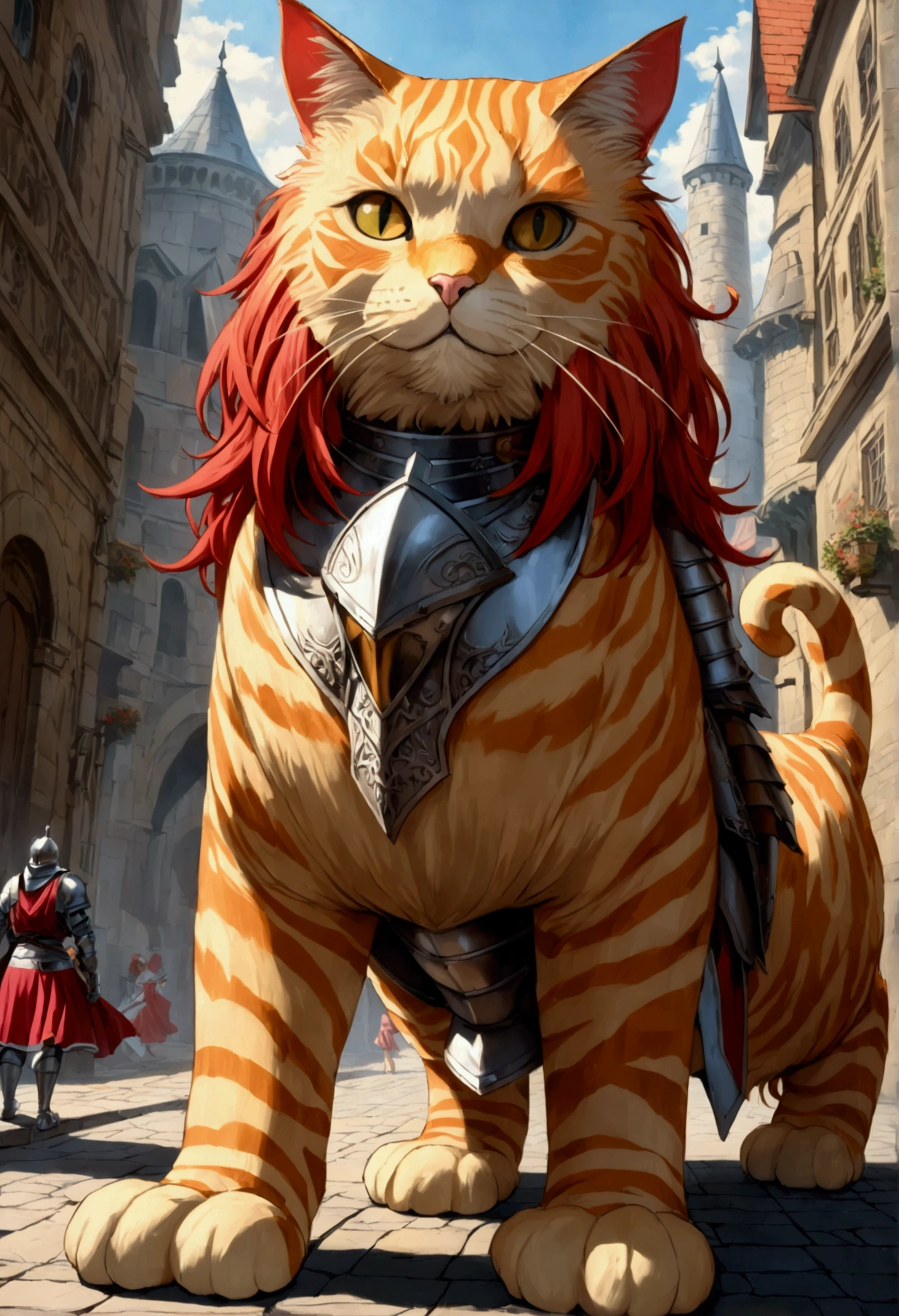 arafed a picture of a human knight riding an (Giant cat 1.3)) וin fantasy street, a a human knight, full body, ((anatomically correct: 1.5), female knight, red hair, long hair, hair in a pony tail, wearing knight's armor, decorated armor, high heeled boots, BREAK riding a (Giant Cat: 1.5)), the cat is wearing armor ready for battle, dynamic color cat Hyperrealism style, vibrant, Ultra-high resolution, High Contrast, (masterpiece:1.5), highest quality, Best aesthetics), best details, best quality, highres, ultra wide angle, 16k, [ultra detailed], masterpiece, best quality, (extremely detailed) RAW, ArmoredDress