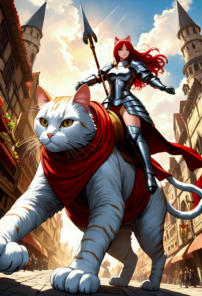 arafed a picture of a human knight riding an (Giant cat 1.3)) וin fantasy street, a a human knight, full body, ((anatomically correct: 1.5), female knight, red hair, long hair, hair in a pony tail, wearing knight's armor, decorated armor, high heeled boots, BREAK riding a (Giant Cat: 1.5)), the cat is wearing armor ready for battle, dynamic color cat Hyperrealism style, vibrant, Ultra-high resolution, High Contrast, (masterpiece:1.5), highest quality, Best aesthetics), best details, best quality, highres, ultra wide angle, 16k, [ultra detailed], masterpiece, best quality, (extremely detailed) RAW, ArmoredDress