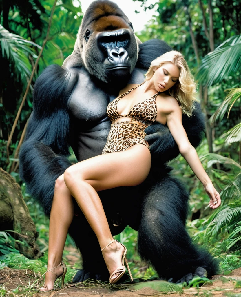  A Limp fainted sleepy blonde leopard bikini cavewoman being carried by giant gorilla in his arms cradling her nsfw