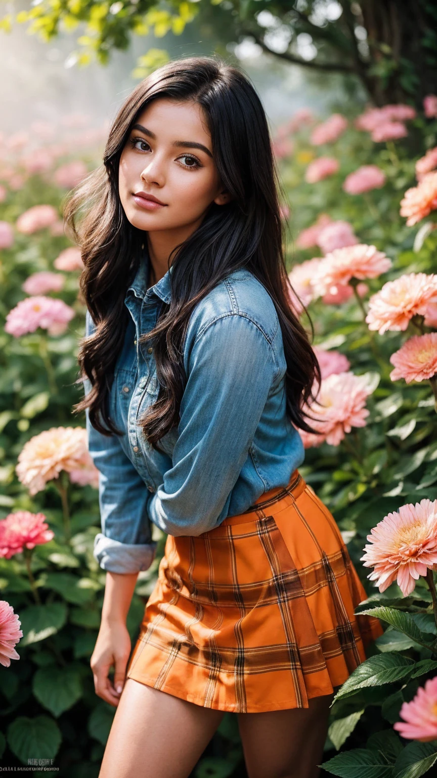 A beautiful young woman stands amidst a swirl of vibrant, oversized flowers. She wears a short orange and black plaid mini skirt that flutters in the breeze, paired with a stylish striped shirt. Her long, dark hair flows dramatically behind her, caught in the same wind. The image is saturated with color and high in contrast, with the woman and flowers in sharp focus and bathed in bright light. Behind her, a dreamy mist softens the background, adding depth and mystery. Her face is clearly visible and well-defined, capturing her captivating expression as she's surrounded by the lush, detailed flora.