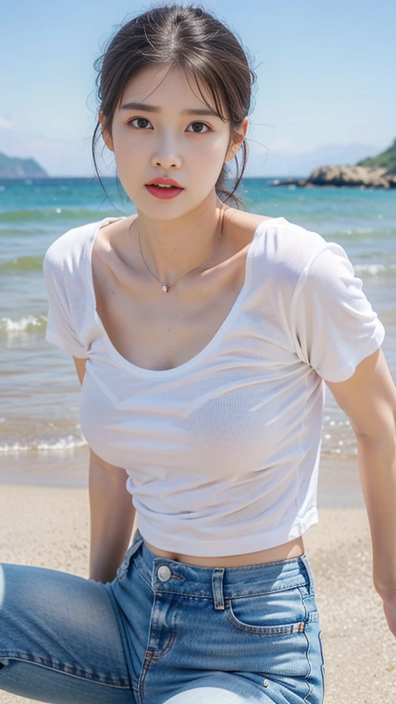 ((Masterpiece 1.8))　Ultra HD　Ultra High Resolution 8K　Realistic portrayal　Realistic　Realistic Face　Realistic　Clear skin　Full body photo　Long-distance photo　beautiful coastline　Anatomically correct body shape　Pink Short Hair　thick lips　Not too big eyes　Beautiful nose　There are large tear bags(((tear bag)))　((Hot summer, sweaty skin, sweat flowing))　Tight white t-shirt　Denim skirt　The inner is transparent　underboob　((small breasts))　Cross your arms　Kneel