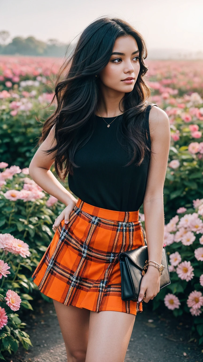 A beautiful young woman stands amidst a swirl of vibrant, oversized flowers. She wears a short orange and black plaid mini skirt that flutters in the breeze, paired with a stylish striped shirt. Her long, dark hair flows dramatically behind her, caught in the same wind. The image is saturated with color and high in contrast, with the woman and flowers in sharp focus and bathed in bright light. Behind her, a dreamy mist softens the background, adding depth and mystery. Her face is clearly visible and well-defined, capturing her captivating expression as she's surrounded by the lush, detailed flora.