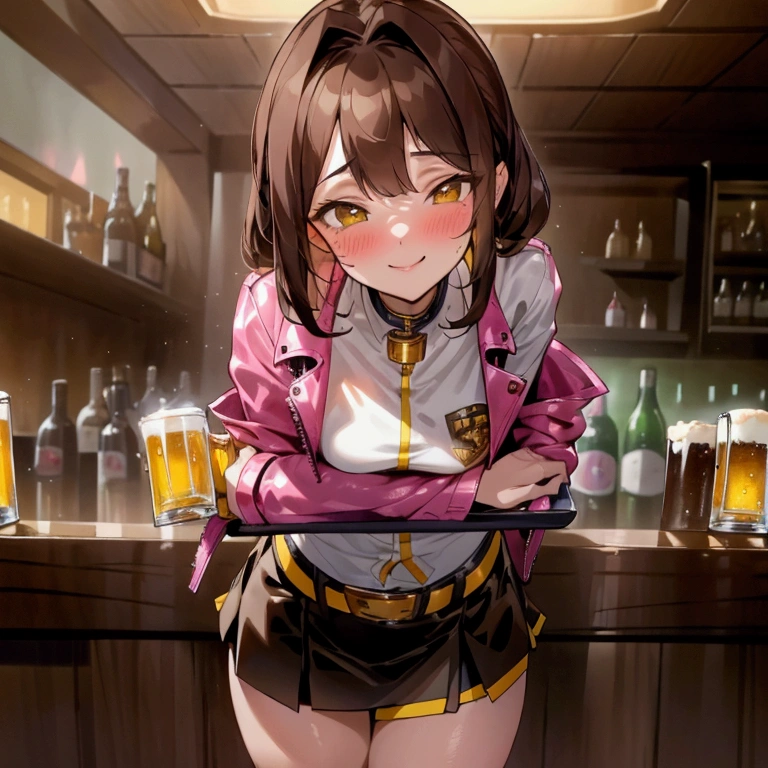 One Woman, Dark brown hair, Yellow Ethes, Wearing a pink leather jacket, White shirt, Wearing a miniskirt in a bar, Have a beer mug, A refreshing smile,blush, alcohol, Drunk face, 4K, Good anatomy, masterpiece, Detailed face, basalt