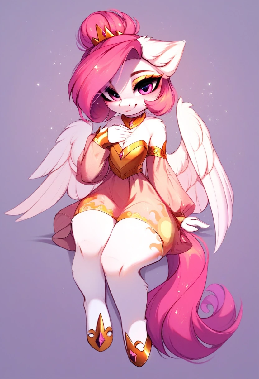 check_9, check_8_up, check_7_up, source_fluffy, rating_safe, from Magnaluna, Celestia poses seductively in a white bedroom, dark pink mane with gold stripes in it, hair bun with long bangs, pink eyes, white body, thick thighs, anthro, blushing, wearing peach colored see through dress, full body