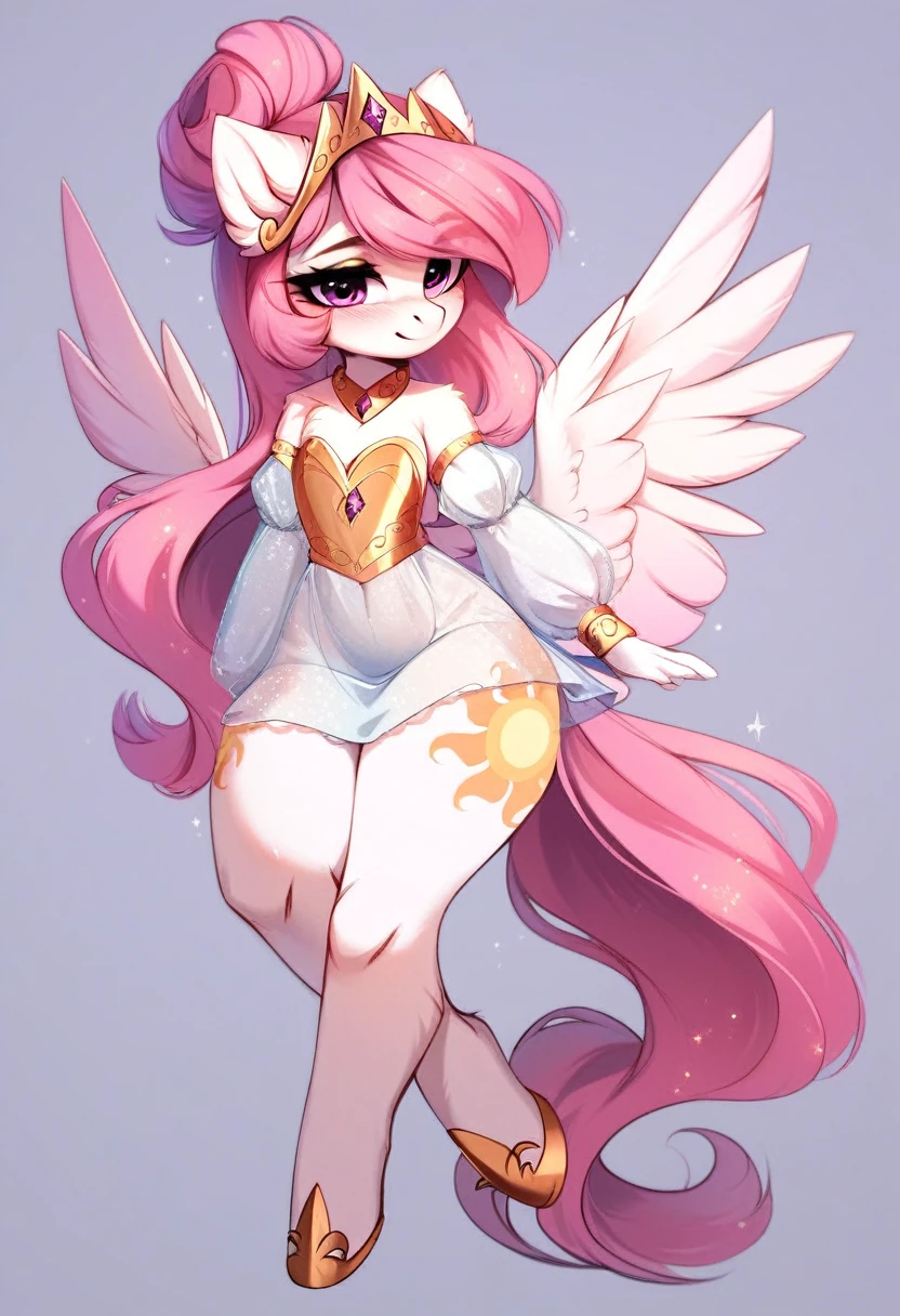 check_9, check_8_up, check_7_up, source_fluffy, rating_safe, from Magnaluna, Celestia poses seductively in a white bedroom, dark pink mane with gold stripes in it, hair bun with long bangs, pink eyes, white body, thick thighs, anthro, blushing, wearing peach colored see through dress, full body