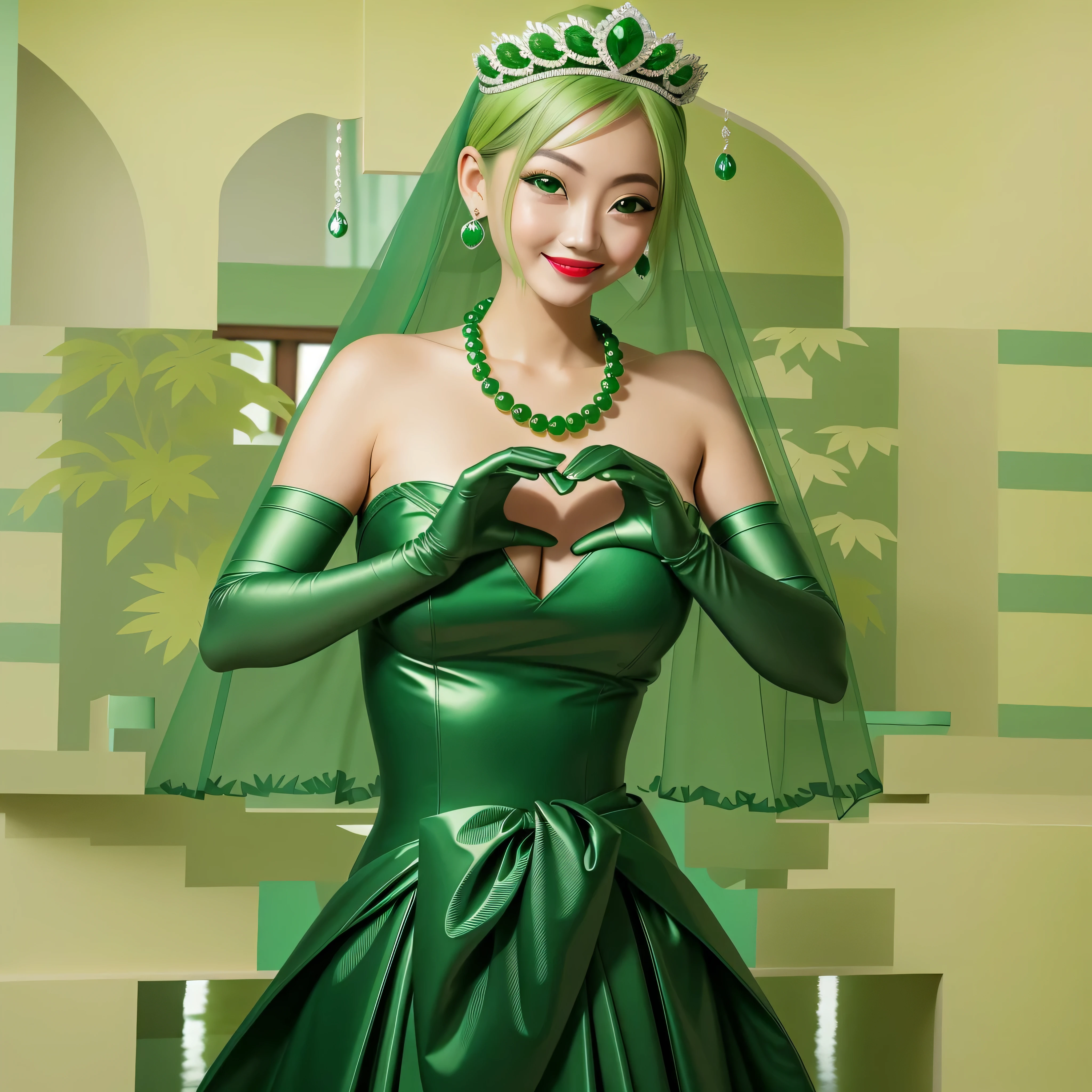 Emerald tiara, Green Pearl Necklace, Boyish very short green hair, Green Lips, Smiling Japanese woman, Very short hair, Busty beautiful lady, Green Eyes, Green satin long gloves, Green Eyes, Emerald Earrings, Green veil, Heart with both hands, Green Hair, Beautiful Japanese Woman, Heart shaped hands:1.3, green lip gloss