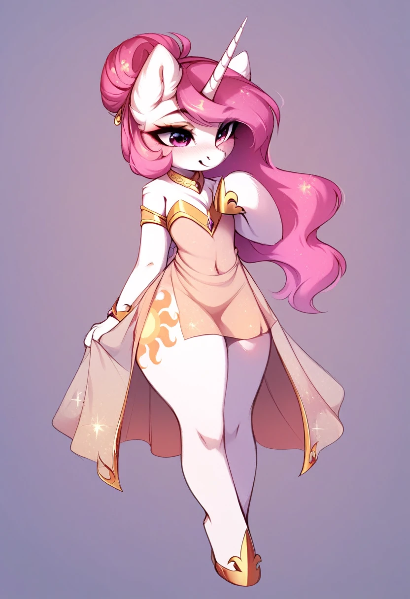 check_9, check_8_up, check_7_up, source_fluffy, rating_safe, from Magnaluna, Celestia poses seductively in a white bedroom, dark pink mane with gold stripes in it, hair bun with long bangs, pink eyes, white body, thick thighs, anthro, blushing, wearing peach colored see through dress, full body