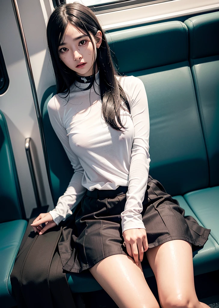 "(Masterpiece, High Definition, Ultra High Definition, 4K) Black hair, Japan girl, uniform skirt,Cosplay 2B nier , emphasizing thighs, white thighs, soft thighs, glossy thighs, sitting on the train, face-to-face angle, (angle from below),sitting in the train seat,Sitting in front,Zoom camera in the crotch,Feet on the train floor,Full body,Looking down and sleepy,Looking at the viewer only", best quality, ultra high definition, (photorealistic:1.4),, high resolution, detail, raw photo, sharp re, Nikon D850 film stock photo by Lee Jefferies 4 kodak portra 400 camera f1.6 lens rich colors hyper realistic lively textures dramatic lighting unreal engine artstation trends cinestir 800, a woman standing next to an alien like creature, human-animal hybrid, masahiro ito, human chimera, humanoid animal, cryptidcore, cgsociety 9, creepy mutant flesh creature, necromorph, centipede, junji ito's uzumaki, snake woman hybrid, lovecraftian creature, quadrupedal, quadruped, twoddle