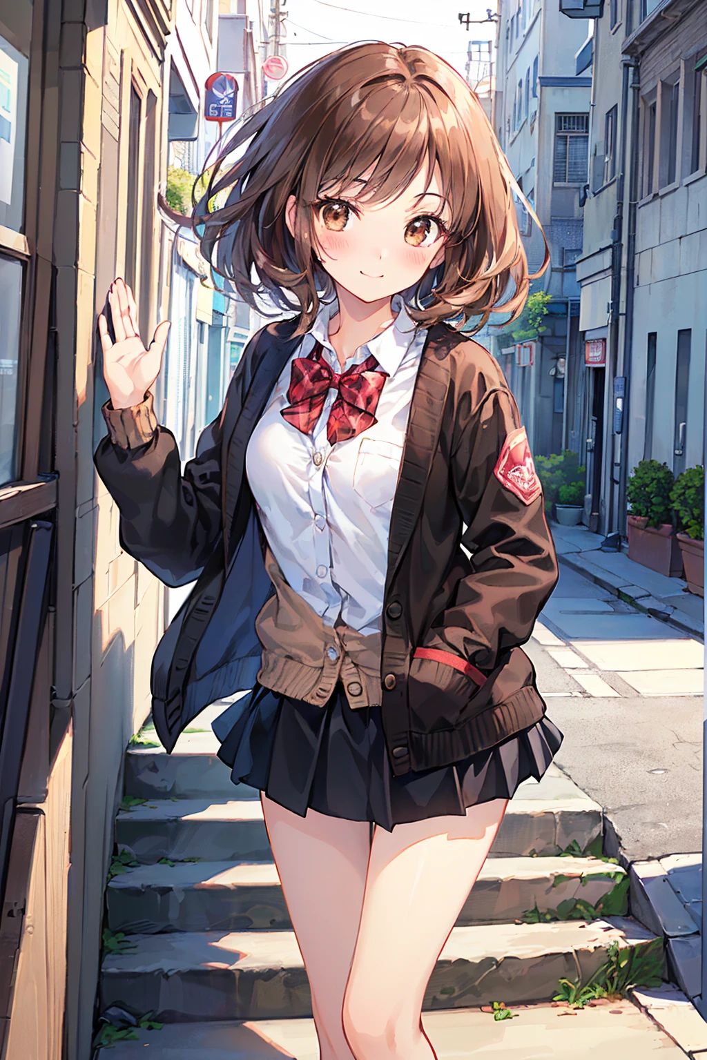 ((Tabletop, Highest quality, High resolution, Hmph, Pixel perfect, 4K, Hmph, Hmph))), One Girl, single, alone, Beauty、The whole body is visible、 ((Mid-wave hair, bangs, Brown Hair)), ((Brown eyes, Beautiful eyelashes, Realistic eyes)), ((Detailed face, blush:1.2)), ((Smooth texture:0.75, Realistic texture:0.65, Realistic:1.1, Anime CG style)), Medium chest, Dynamic Angle, Perfect body, ((Red bow tie, , Black jacket, Open jacket, Brown cardigan, White shirt, Black Skirt, Checked skirt)), City stairs、Looking up from the bottom of the stairs、Very embarrassing panic smile, looked back、Leaning forward、