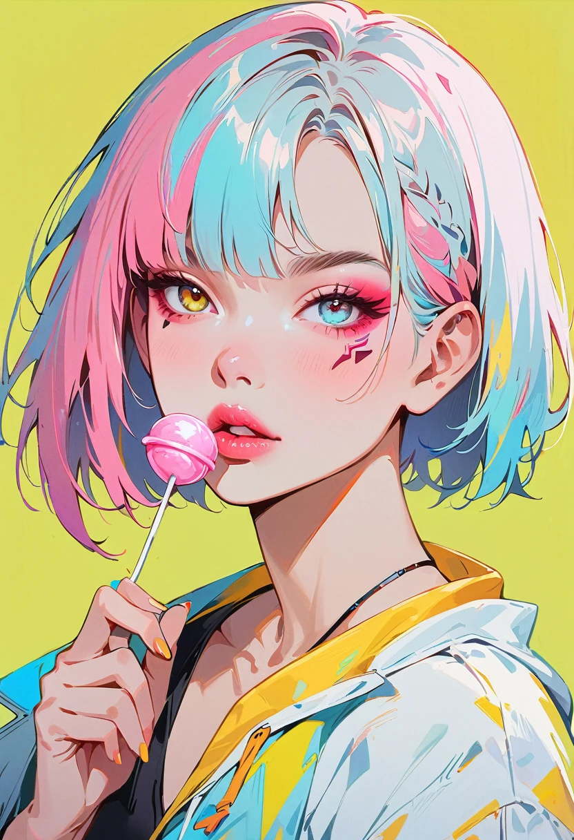 (masterpiece, best quality:1.2), 1 girl, 独奏, Anime style, Colored pupils, With a lollipop, lips pink, Cyberpunk style makeup, Pink lower eye shadow, Asymmetrical short hair, Asymmetrical short hairstyle, Long bangs on one side, Highlights, Pure yellow background.