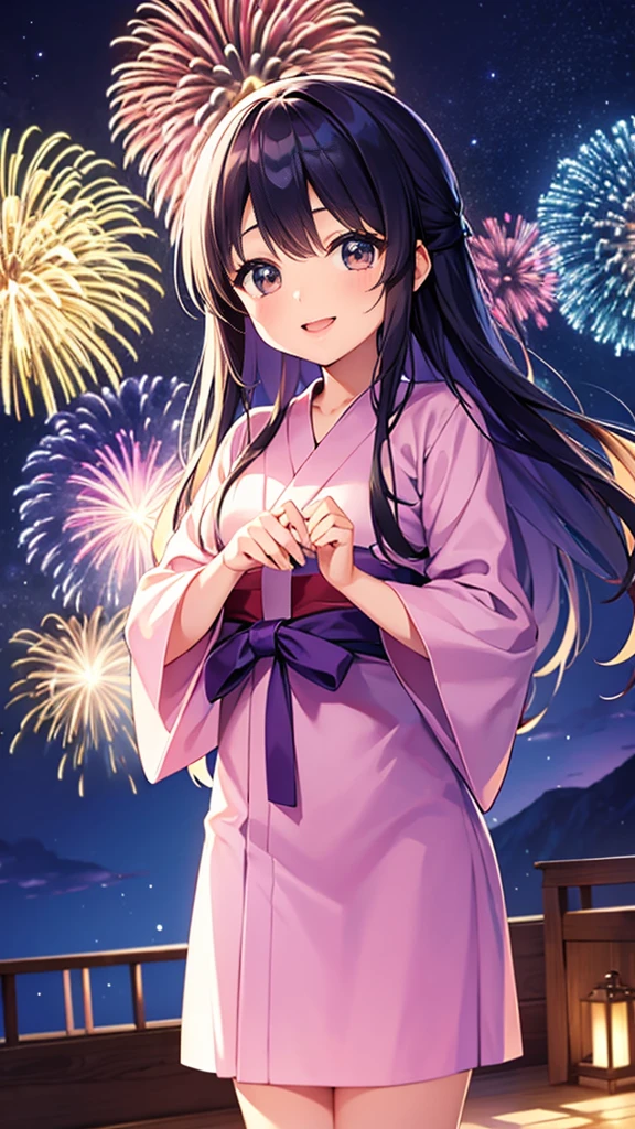 very cute、、girl、Long Straight Hair、Beautiful yukata、Night Sky、Countless fireworks、smile、






















