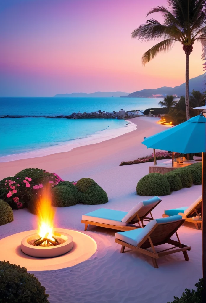 dream resort，pastel tones，Light style，Comfortable and calm，nature，warm and cozy，fluorescent beach，Gentle sunset，beautiful garden，Stunning sea view，，beach umbrella，bonfire，