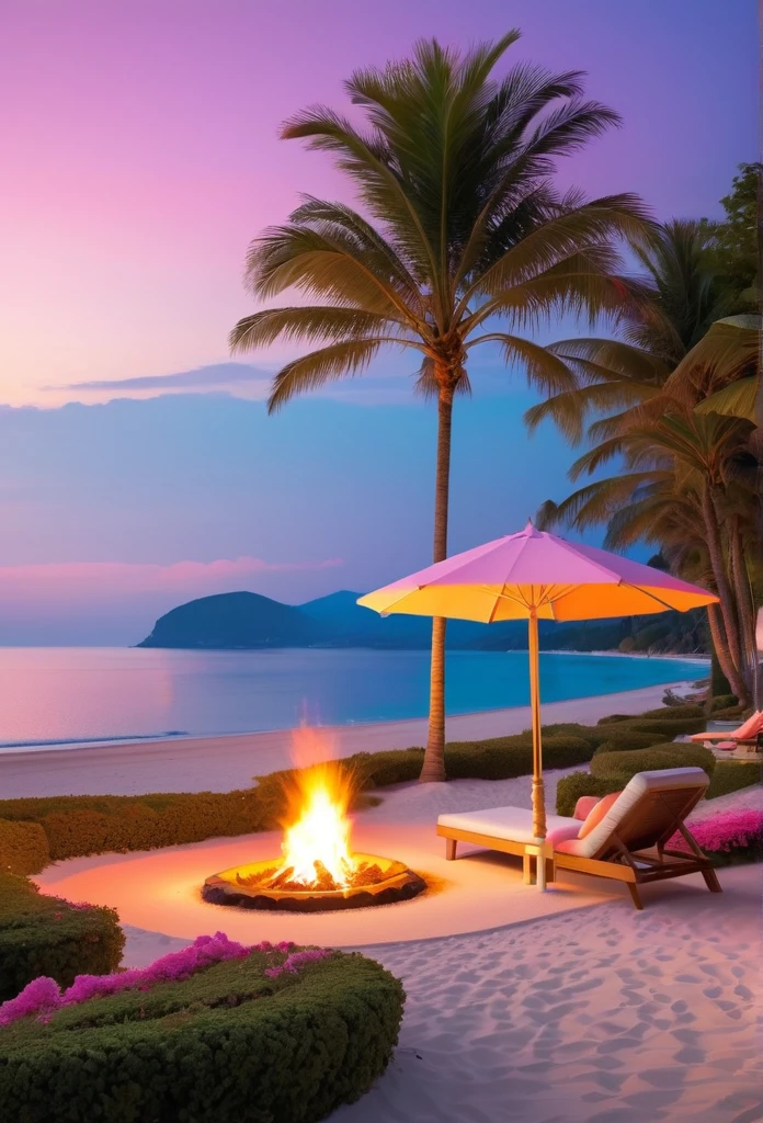 dream resort,pastel tones,Light style,Comfortable and calm,nature,warm and cozy,fluorescent beach,Gentle sunset,beautiful garden,Stunning sea view,,beach umbrella,bonfire,
