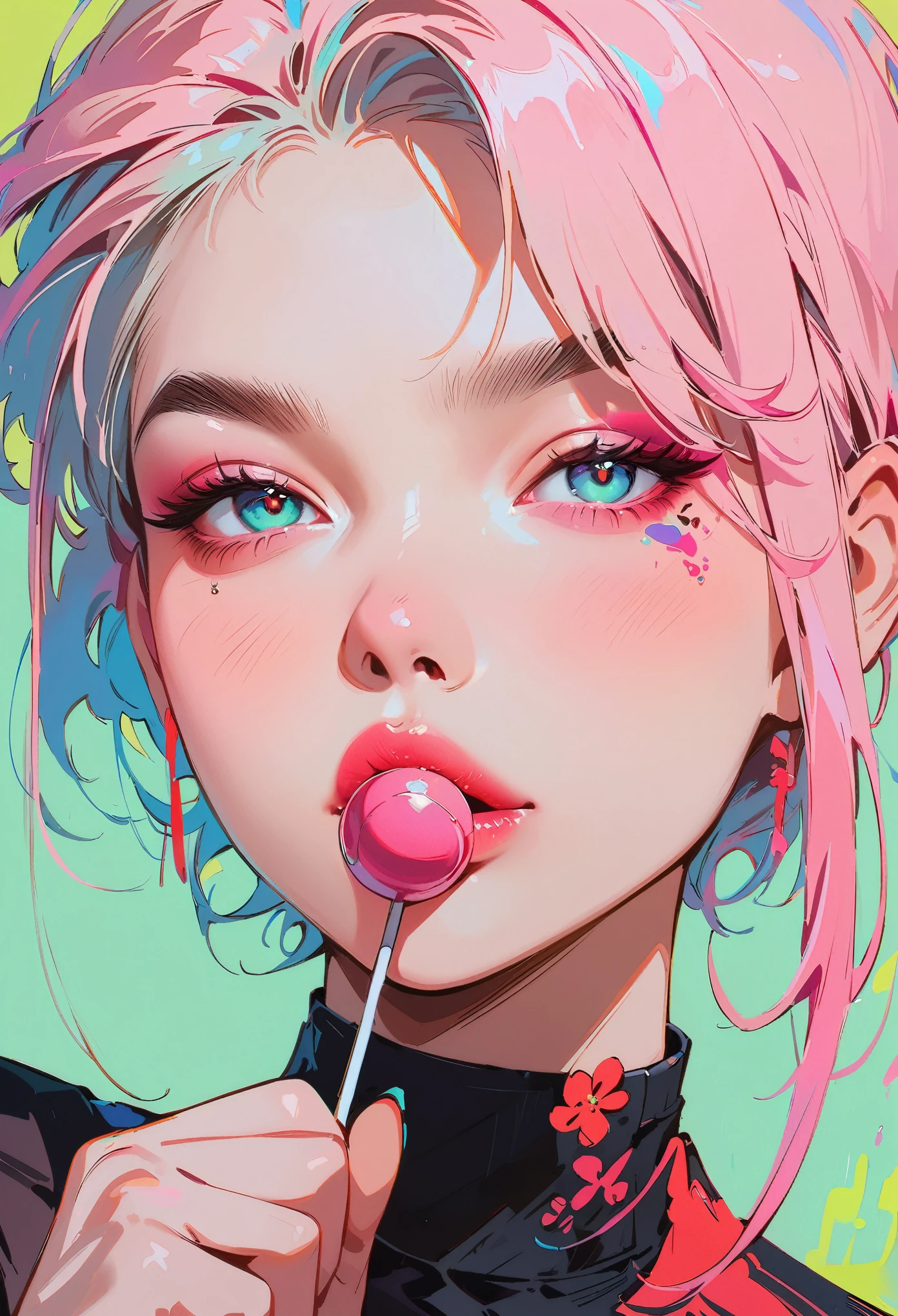 (masterpiece, best quality:1.2), 1 girl, 独奏, Anime style, Colored pupils, With a lollipop, lips pink, Cyberpunk style makeup, Pink lower eye shadow, Asymmetrical short hair, Asymmetrical short hairstyle, Long bangs on one side, Highlights, background.