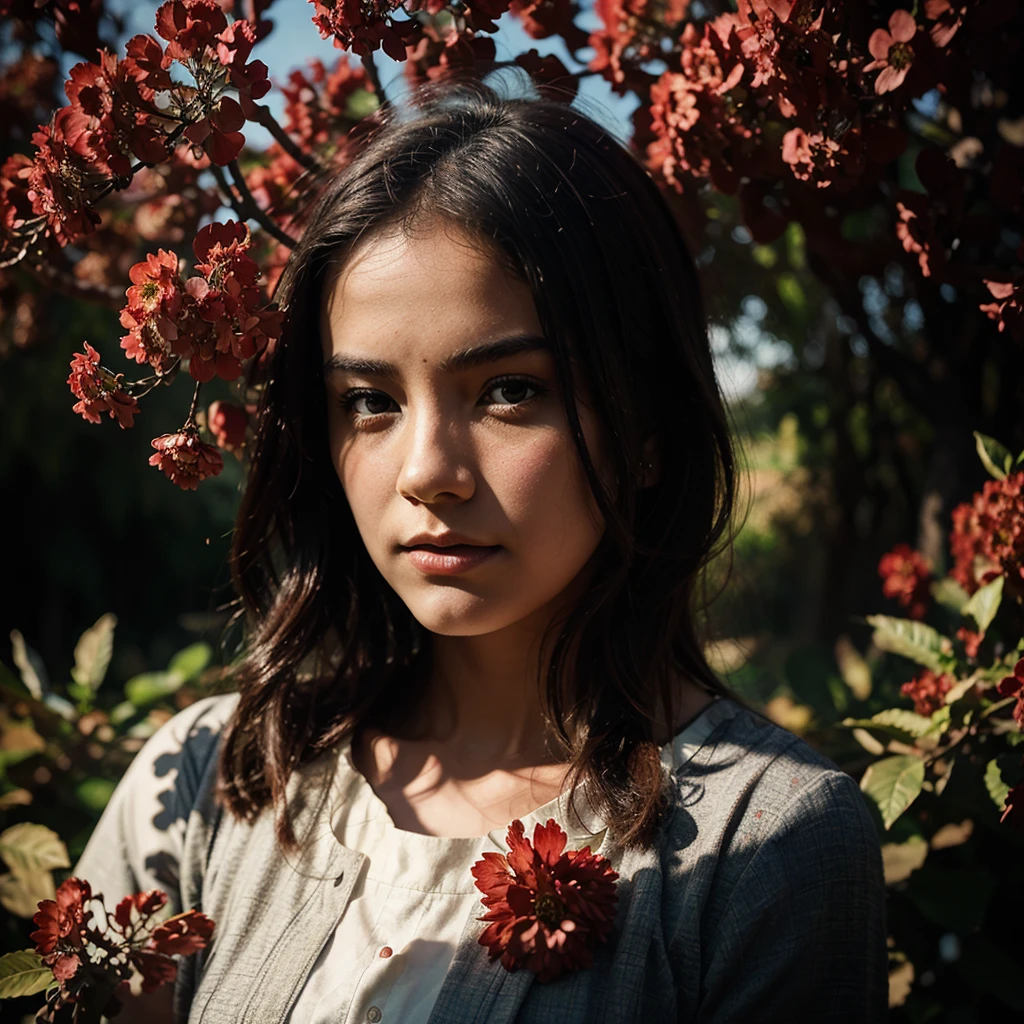 silhouette,masterpiece,best quality,grain double exposure effect style,Double exposure,1girl,1girl in flower clusters,red and bule theme,