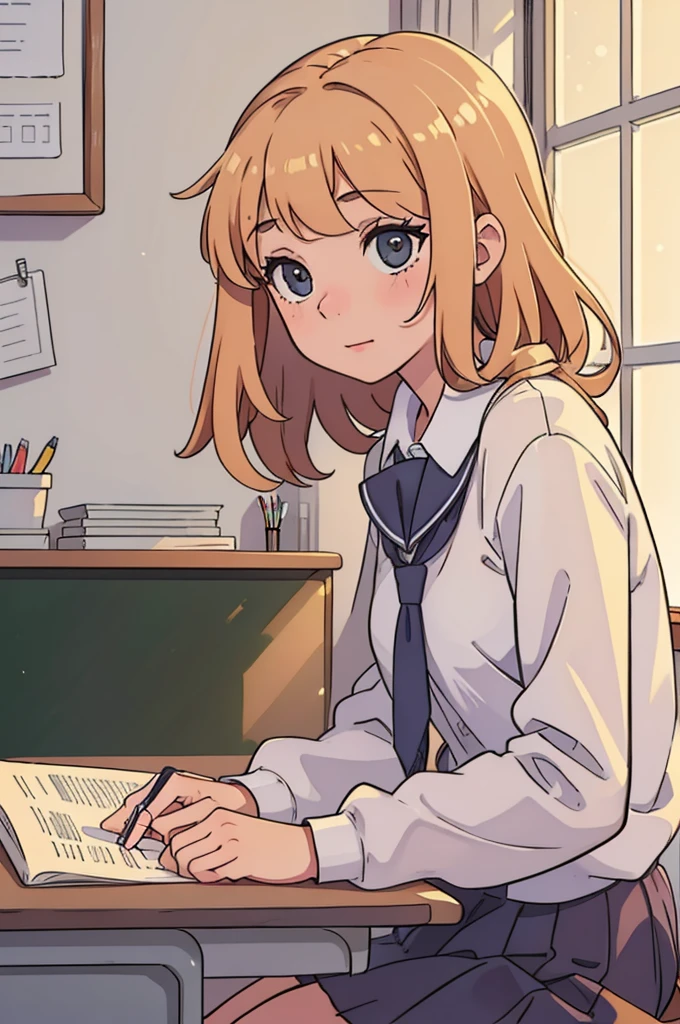 (soft light, School atmosphere), (A girl:1.2), (At the desk), Morning Story