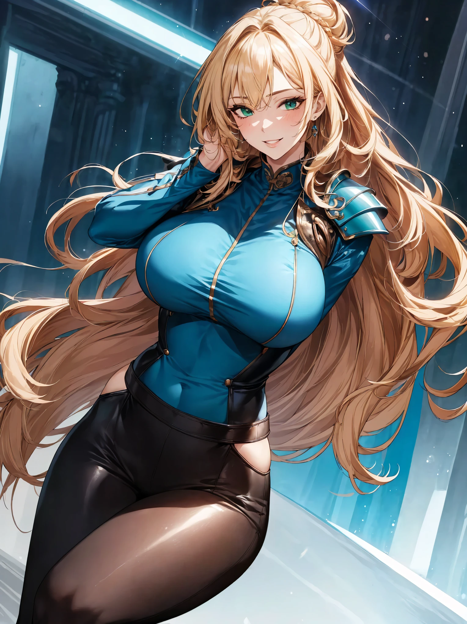 (masterpiece: 1.2), (best quality: 1.2) 1 woman, posing frontally, mature, tall (1.85), appeared to be around 25 years old, had blonde (golden) hair, straight hair and shiny, hair tied in a samurai bun, bangs, emerald green eyes, extremely detailed eyes, perfect eyes, extremely realistic eyes, well-aligned eyes, long eyelashes, anime style, perfect face, milf face, full lips, smiling, mature, fair skin, natural body, sexy body, milf body, perfect hands, detailed hands, hands well proportioned to the body, realistic hands, arms with good anatomy, she only wore a blue leather jacket with long sleeves, silver chest armor, underneath that still couldn't hide her extremely large and huge breasts that hung down due to their size, muscular abs, well-defined six pack abs, black leather pants with blue details on the legs, brown high boots, thick thighs, wide hips, looking to the viewer, close-up background scenery, setting in a European style castle, posing alone looking at the viewer