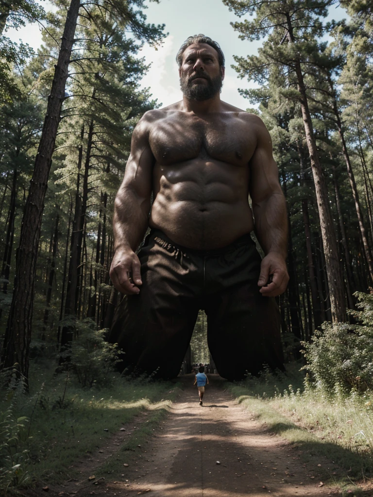 many people running away from a giant man in the middle of the forest