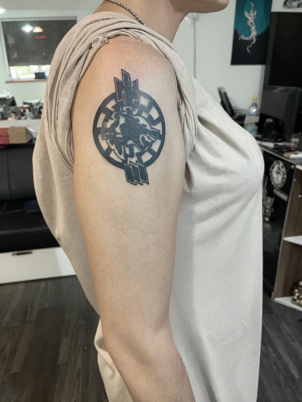the silhouette of a warrior from far away at the gate to Valgala. Scandinavian motif. black and white. general plan tattoo