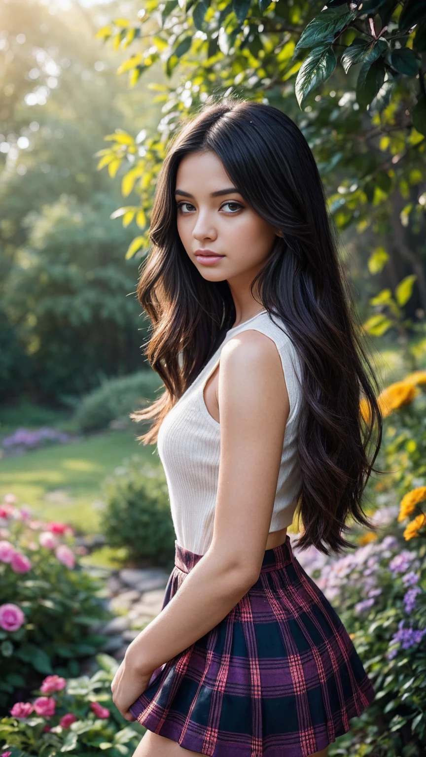 A beautiful young woman stands amidst a swirl of vibrant, oversized flowers. She wears a short orange and black plaid mini skirt that flutters in the breeze, paired with a stylish striped shirt. Her long, dark hair flows dramatically behind her, caught in the same wind. The image is saturated with color and high in contrast, with the woman and flowers in sharp focus and bathed in bright light. Behind her, a dreamy mist softens the background, adding depth and mystery. Her face is clearly visible and well-defined, capturing her captivating expression as she's surrounded by the lush, detailed flora.Create a stunning and ethereal portrait of a young woman surrounded by magical elements: Subject: - Beautiful young woman with delicate features - Soft, flowing hair that seems to blend with the magical atmosphere - Serene and slightly mysterious expression - Eyes that reflect wonder and enchantment Magical Elements: - Shimmering, iridescent sparkles floating around her - Swirling trails of magical stardust - Glowing particles of varying sizes creating a dreamy atmosphere - Subtle, translucent magical aura surrounding the woman Lighting and Colors: - Soft, ethereal lighting that seems to emanate from within the scene - A harmonious blend of cool and warm tones - Main color palette: purples, blues, and pinks with touches of gold - Gentle highlights accentuating the woman's features and the magical elements Composition and Style: - Close-up portrait, focusing on the woman's face and upper body - Magical elements should frame the subject without overpowering her - Slightly blurred background to create depth and focus on the foreground - Painterly style with soft edges and smooth transitions between elements Mood and Atmosphere: - Dreamy and enchanting - Sense of wonder and magic - Peaceful yet captivating Technical Aspects: - High contrast between the glowing elements and darker areas - Rich, saturated colors for a vibrant and eye-catching image - Sharp focus on key features l