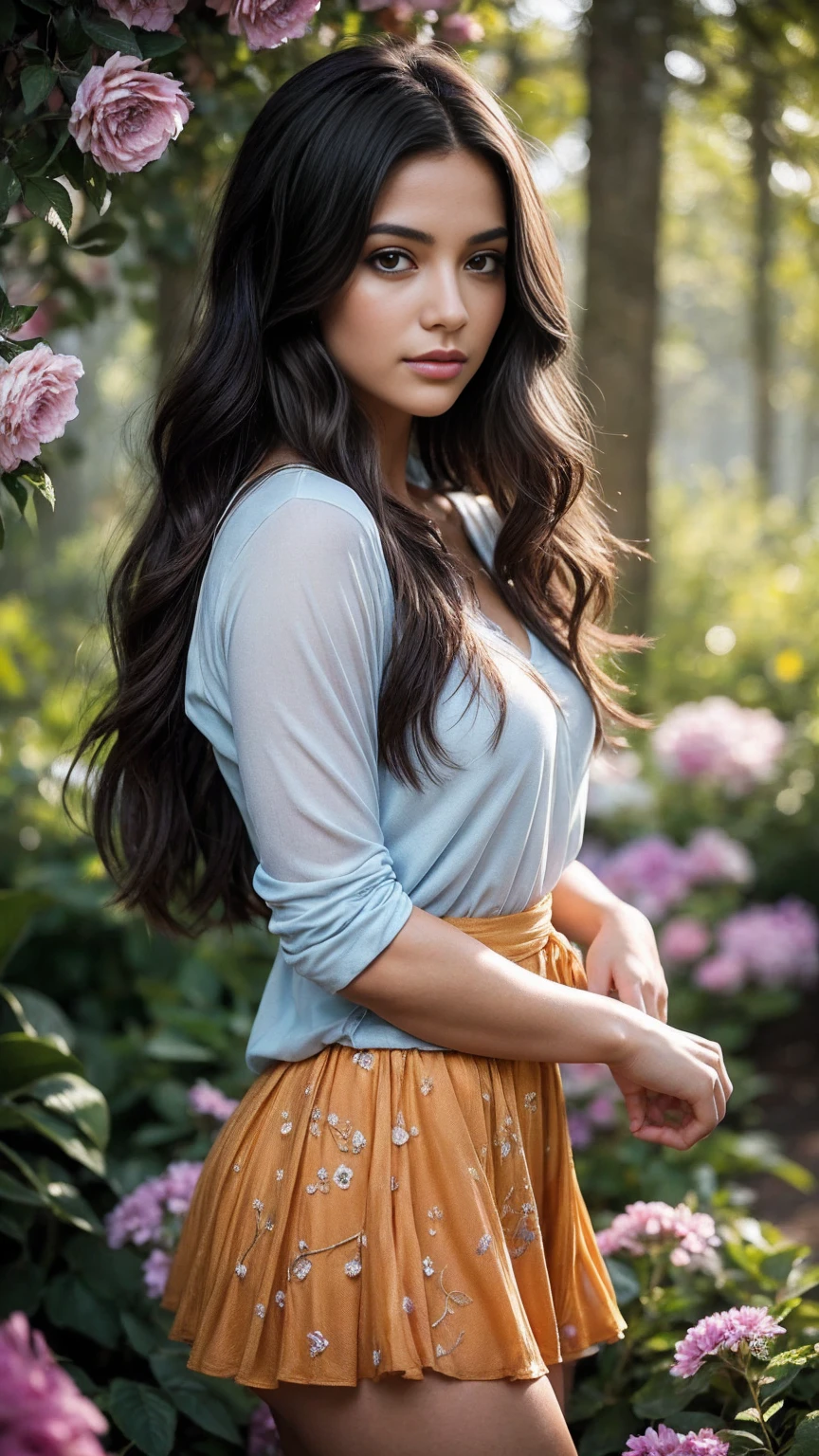 A beautiful young woman stands amidst a swirl of vibrant, oversized flowers. She wears a short orange and black plaid mini skirt that flutters in the breeze, paired with a stylish striped shirt. Her long, dark hair flows dramatically behind her, caught in the same wind. The image is saturated with color and high in contrast, with the woman and flowers in sharp focus and bathed in bright light. Behind her, a dreamy mist softens the background, adding depth and mystery. Her face is clearly visible and well-defined, capturing her captivating expression as she's surrounded by the lush, detailed flora.Create a stunning and ethereal portrait of a young woman surrounded by magical elements: Subject: - Beautiful young woman with delicate features - Soft, flowing hair that seems to blend with the magical atmosphere - Serene and slightly mysterious expression - Eyes that reflect wonder and enchantment Magical Elements: - Shimmering, iridescent sparkles floating around her - Swirling trails of magical stardust - Glowing particles of varying sizes creating a dreamy atmosphere - Subtle, translucent magical aura surrounding the woman Lighting and Colors: - Soft, ethereal lighting that seems to emanate from within the scene - A harmonious blend of cool and warm tones - Main color palette: purples, blues, and pinks with touches of gold - Gentle highlights accentuating the woman's features and the magical elements Composition and Style: - Close-up portrait, focusing on the woman's face and upper body - Magical elements should frame the subject without overpowering her - Slightly blurred background to create depth and focus on the foreground - Painterly style with soft edges and smooth transitions between elements Mood and Atmosphere: - Dreamy and enchanting - Sense of wonder and magic - Peaceful yet captivating Technical Aspects: - High contrast between the glowing elements and darker areas - Rich, saturated colors for a vibrant and eye-catching image - Sharp focus on key features l