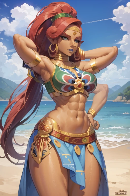 masterpiece, best quality,dynamic pose, solo, absurdres,scenery,        GAME_Gerudo_urbosa_aiwaifu, aiwaifu69,tall_female,Urbosa, large breasts,abs, armor, blue lips, very long hair, circlet, crop top, dark-skinned female, dark skin, earrings, green eyes, hoop earrings, jewelry, long hair, long skirt, makeup, midriff, muscular, muscular female, narrowed eyes, navel, neck ribbon, pointy ears, print skirt, red hair, ribbon, shoulder armor, side slit, swept bangs, tan, wide ponytail, big hair,  wide hips, toned, curvy, gerudo,ornate,