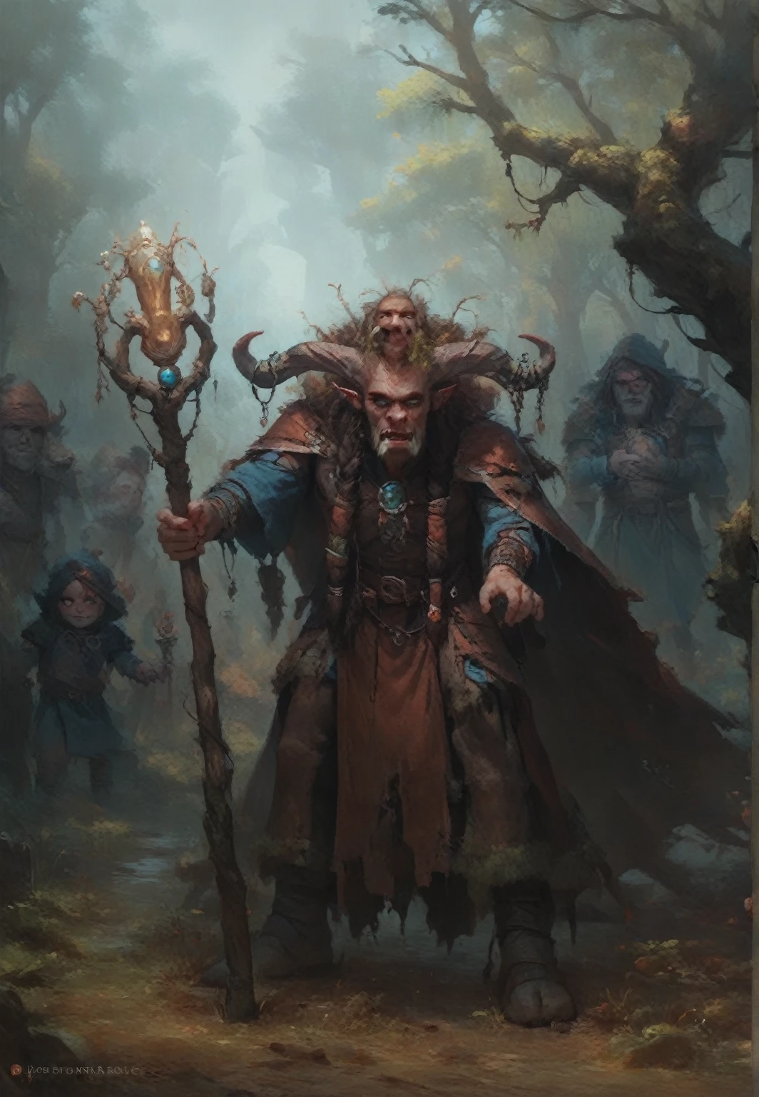 a painting of a man with a horned head and a staff, um Druida, portrait of a forest mage, shaman witch, portrait of a Druid femininaa, Druid femininaa, female troll shaman, enchanter fúngico, Druid tiefling atraentea, Gnome Druid, arte de fantasia de tyler edlin, natureza Druida, Druid tiefling sedutora, fêmea orc Druid da florestaa, Druid