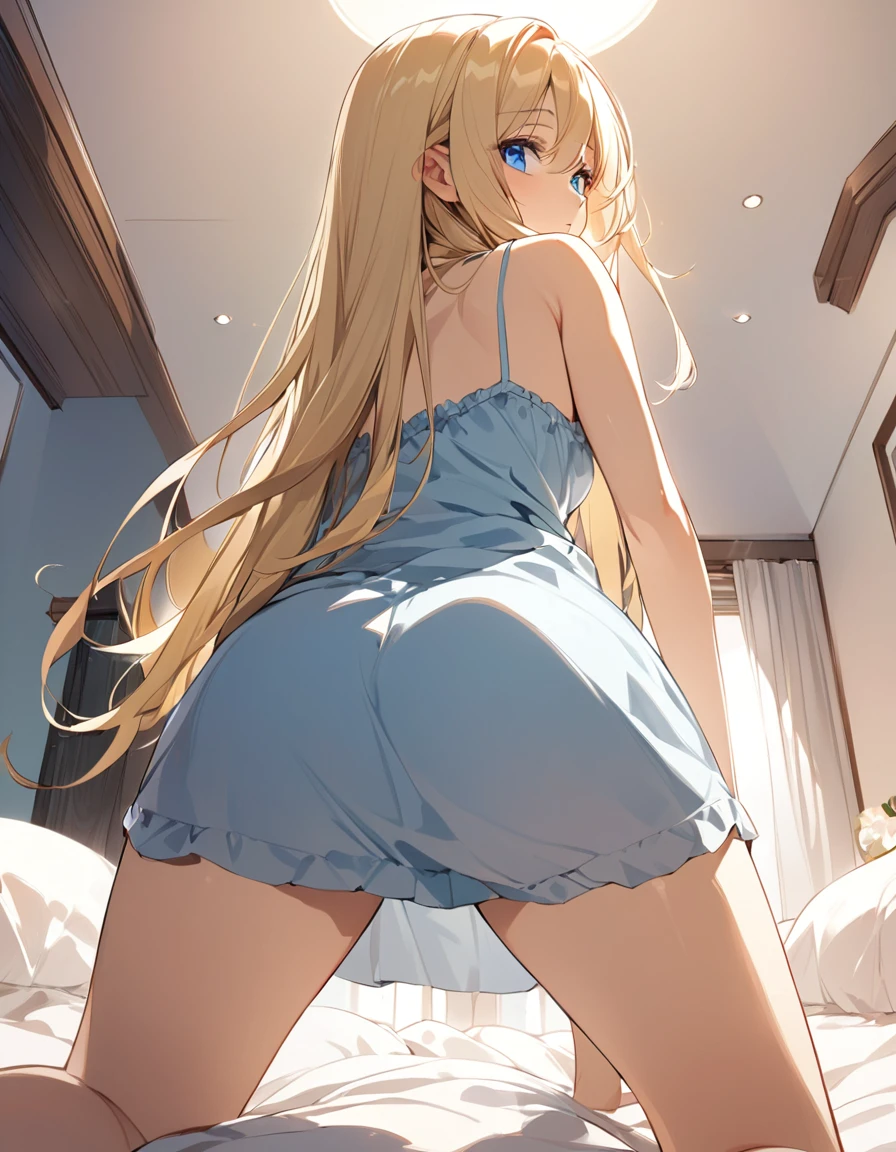 (Top quality illustrations:1.2), (pretty girl:1.1), (1 girl、17 years old), (Kind eyes、blue eyes)、Blonde、Semi-long hair、Mature, {Camisole dress}, Cowboy Shot、Bedroom、On the bed, On all fours, from behind, hip focus, looking around, from below