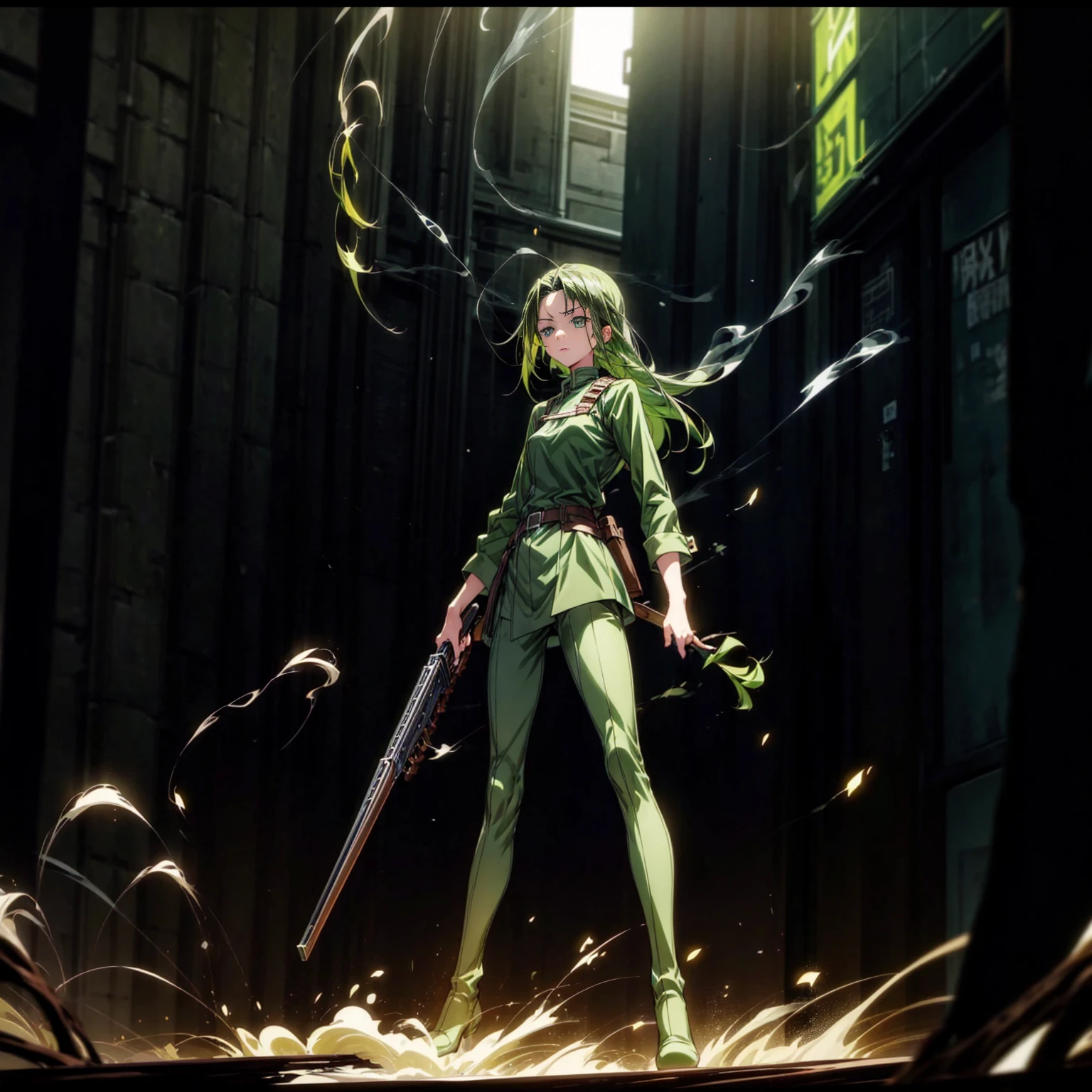 1girl, Full body version, 1character, green eyes, long haircut, green color hair, soldier style clothing, black color clothing, brown boots, Grassroots, background in city street, motion blur, lighting, (detective conan style art), standing gesture, shotgun in hand, fire effect, smoke effect, 