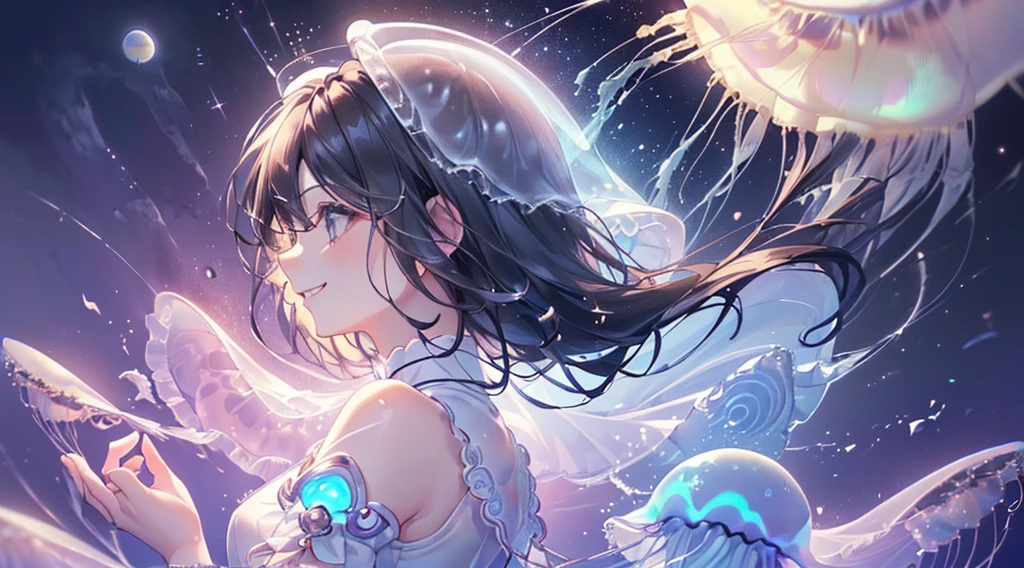 (((Highest quality、Cute moon jellyfish、masterpiece、Ultra-fine、Ultra-fine、Exquisite、16K、Black Hair、Full HD、Asahi、))) 、 ((((The best smile,profile)))、((The best smile)) 、(epic proportion)、