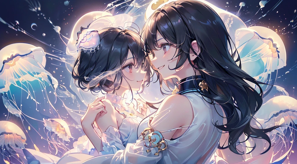 (((Highest quality、Cute moon jellyfish、masterpiece、Ultra-fine、Ultra-fine、Exquisite、16K、Black Hair、Full HD、Asahi、))) 、 ((((The best smile,profile)))、((The best smile)) 、(epic proportion)、