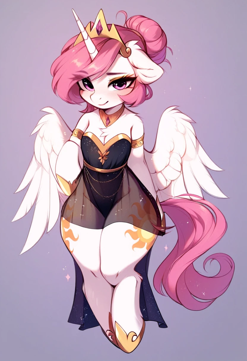 check_9, check_8_up, check_7_up, source_fluffy, rating_safe, from Magnaluna, Celestia poses seductively in a white bedroom, dark pink mane with gold stripes in it, hair bun with long bangs, pink eyes, white body, thick thighs, anthro, blushing, wearing peach colored see through dress, full body