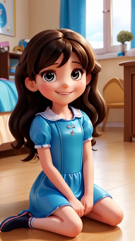 photo of marina, a 7 year old girl, happy and smiling, brunette, big wavy black hair, black eyes, blue dress, sitting on the floor