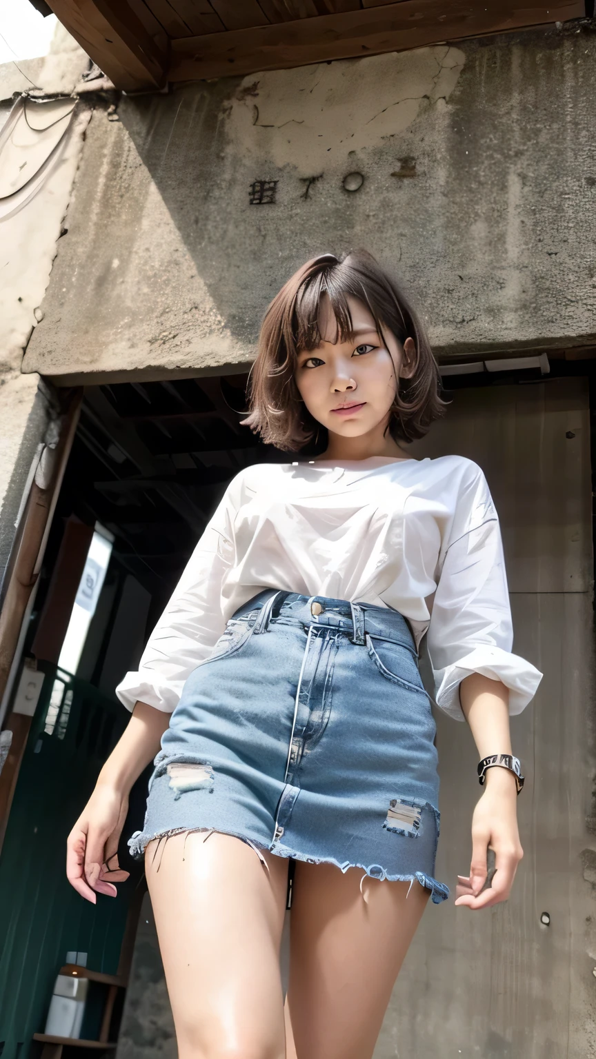 Tokyo Street、Woman walking on the street、Boyish Woman、the wind is strong、(Realistic、Like a photograph、Live Action、8k, Realistic, RAW Photos, Best image quality: 1.4), Single-lens reflex camera、RAW Photos, Highest quality, Realistic, Highly detailed CG Unity 8k wallpaper, Written boundary depth, Cinematic Light, Lens flare, Ray Tracing, Realistic background、(No sleeve:1.4、Tight mini skirt:1.4、Small breasts)、(Carrying the guitar、The guitar strap passes between her breasts、paisla)、((Silver Inner Color Hair:1.1))、Cute Japanese Band Girls、((whole body:1.5))、(short hair:1.2、My hair flutters in the wind:1.5)、I like that style、stylish、Very detailed、Pay attention to the details、Perfect outfit、(White skin)、Beautiful feet:1.1、(View from below:1.2)、Accurate Arm、Meet on a street corner、Super detailed face