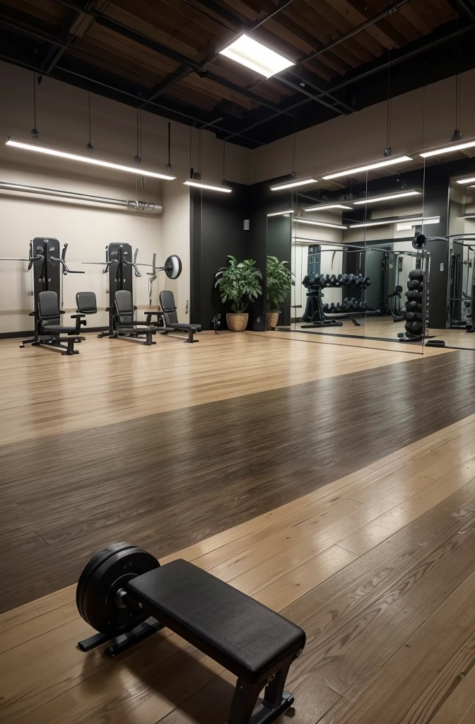 Create an image of a weight lifting area in an indoor fitness center. Includes dumbbells of different sizes, bars with weights, and strength machines such as leg press and bench press. Show people using the equipment, with a well-lit environment and walls in neutral tones. The atmosphere should be energizing and motivating, with details such as mirrors on the walls and decorative plants.