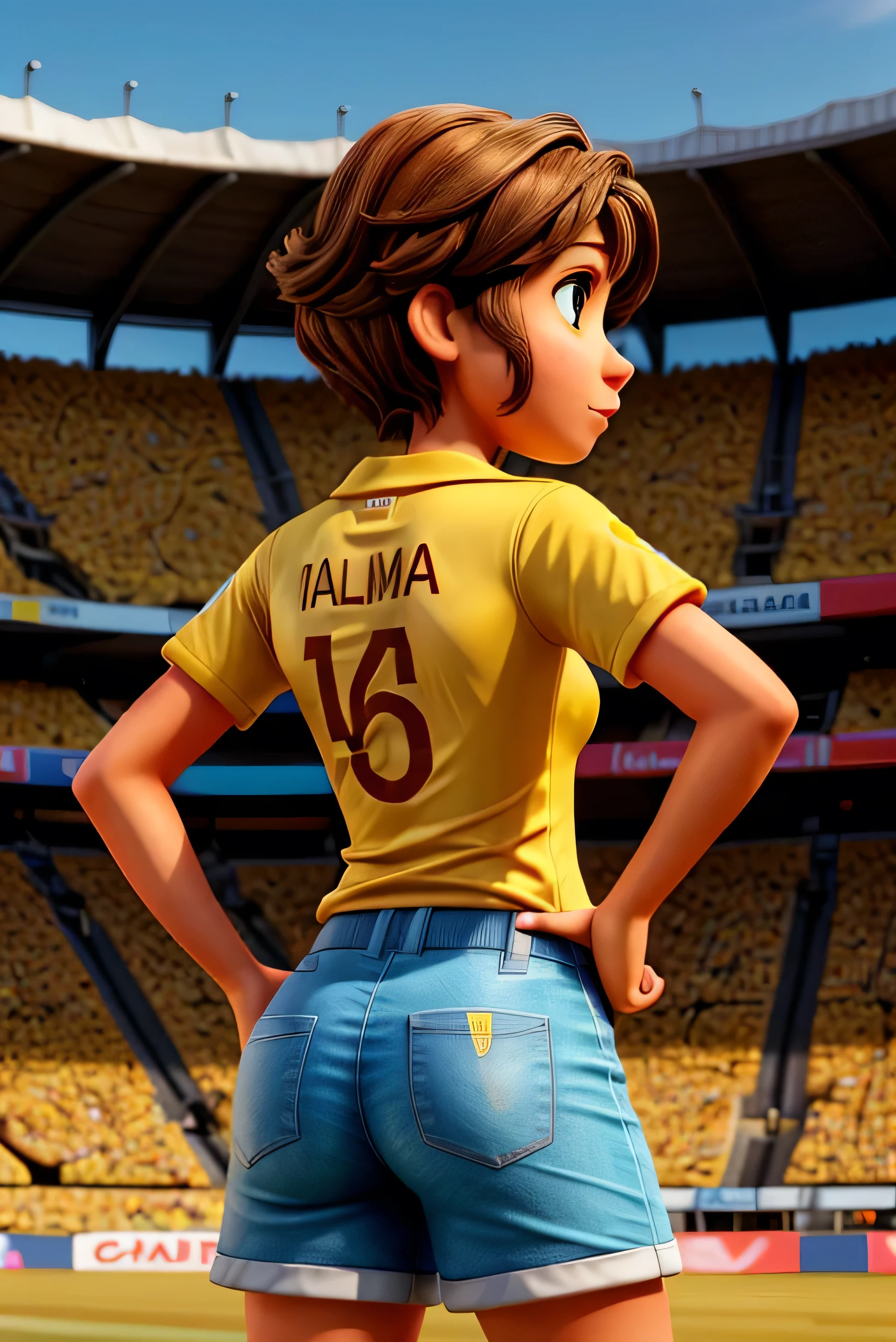 Woman with short brown hair, yellow t-shirt of the Colombia team marked with 7 and named Pérez, in the stadium tribune. back view