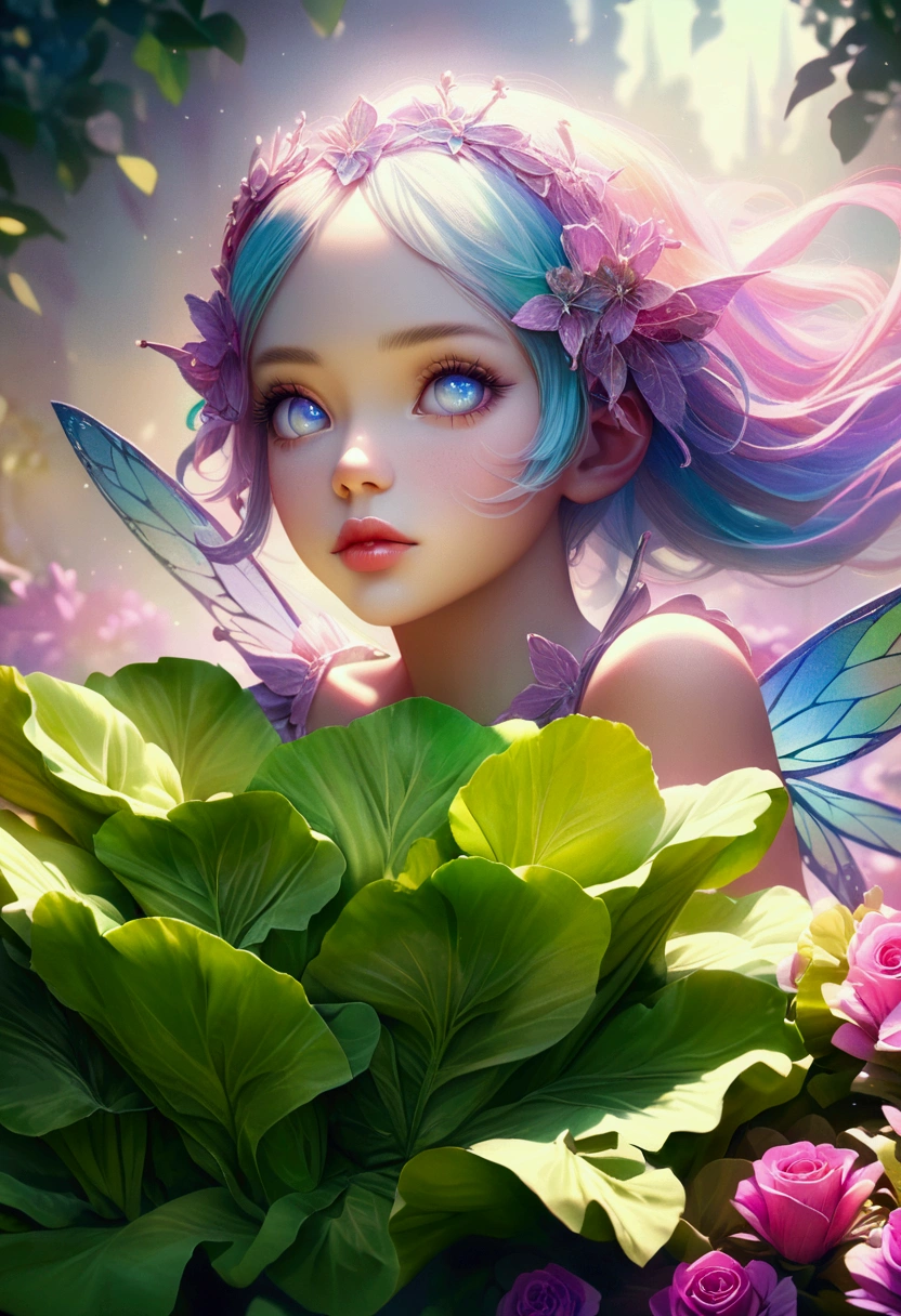 a fairy flying over a pile of lettuce, holding one lettuce in her hand, detailed fairy with delicate features, beautiful detailed eyes, beautiful detailed lips, extremely detailed face, long eyelashes, whimsical fairy dress, soft lighting, pastel colors, ethereal atmosphere, high quality, 8k, photorealistic