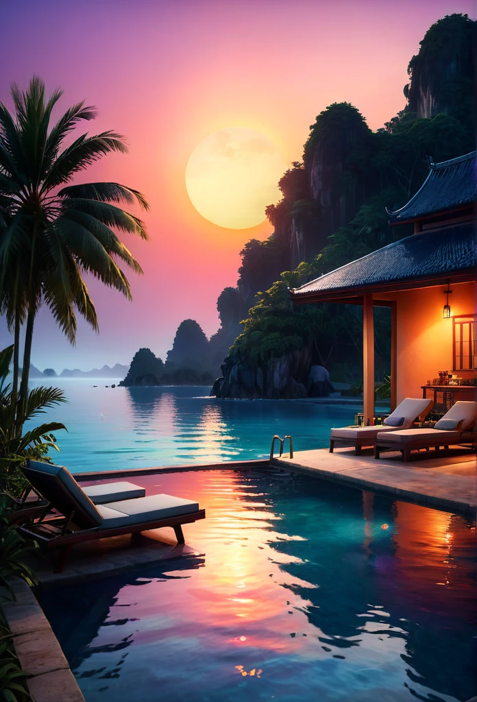 A high quality image of a serene (hot night) scene with vibrant colors and soft sunset lighting, 8k resolution, Hyper detailed with complex textures and realistic details, inspired by the impressive work of (David Luong).