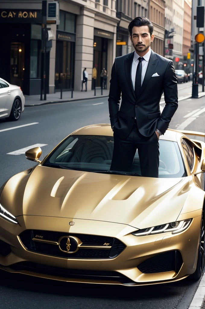 A man in front of a gold-plated luxury car