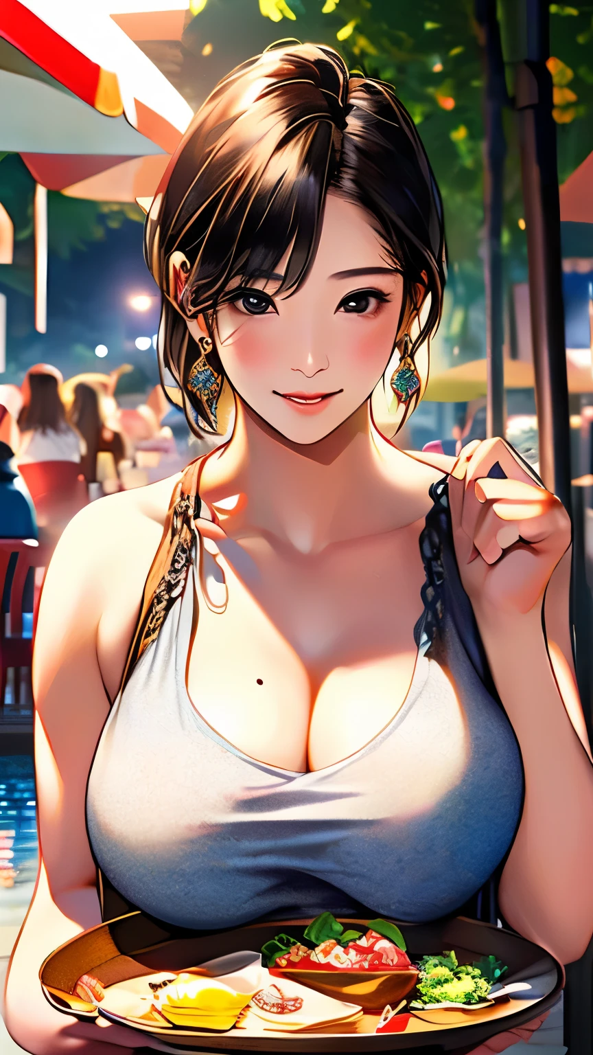 Realistic, masterpiece, Highest quality, (Beautiful Eyes), One high school girl,Sexy pose、(((Burstingly Big Breasts:1.5)))、((Tight abdomen))、 Huge breasts, Sweat, night, Outdoor, Vibrant restaurant, Gorgeous lace lingerie, Grin, Wet Face, Wet body, Earrings, Small tray, Central opening,