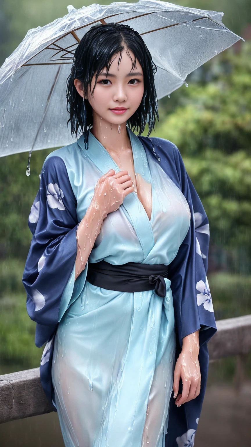 最high quality、high quality、Best image quality、8k、最High resolution、High resolution、最high quality、masterpiece、RAW Photos、whole body photos、Detailed and realistic human body、Detailed and realistic skin、Realistic face in every detail、Detailed and realistic eyes、Detailed and realistic lips、Detailed and realistic teeth、Detailed and realistic ears、Detailed and realistic hair、Realistic reproduction of every detail、((Beautiful Hands(thumb1、reference4))、Realistic feet down to the last detail、((Beautiful Japanese Girl))、(Japanese Model)、 year old beautiful girl))、(Black Hair)、(Random Hairstyles)、((whole body))、((Slim and perfect figure))、(Flat chest、Small breasts)、(whole body glossy skin、Fair skin)、Mini Chinese Dresini Kimono、Mini Ninja Costumes、Japanese tradition、Japanese garden、Rain clouds spreading across the sky、Heavy rain weather、Pouring rain、A storm of wind and rain、((Colorful floral pattern(See-through kimono dress))、((Pouring rainの中でリラックス(Poses to make your thighs look beautiful))、((Soaked skin from head to toe))、((Kimono soaked in the rain(Rain dripping from the clothes))、((Her body lines are clearly visible through her wet kimono.))