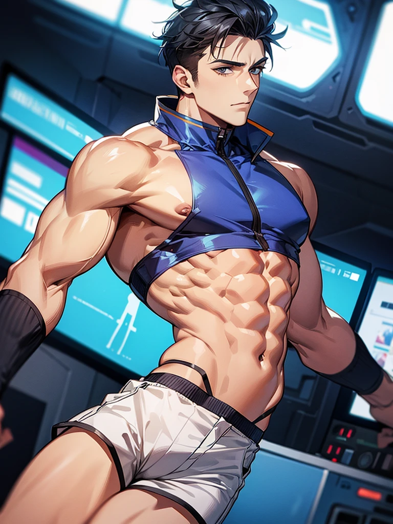 In a spaceship, hot daddy, shirtless, muscular, shorts